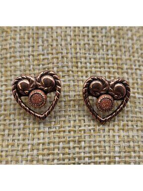 Vintage Wheeler WM COPPER Sunstone heart stud earrings MCM